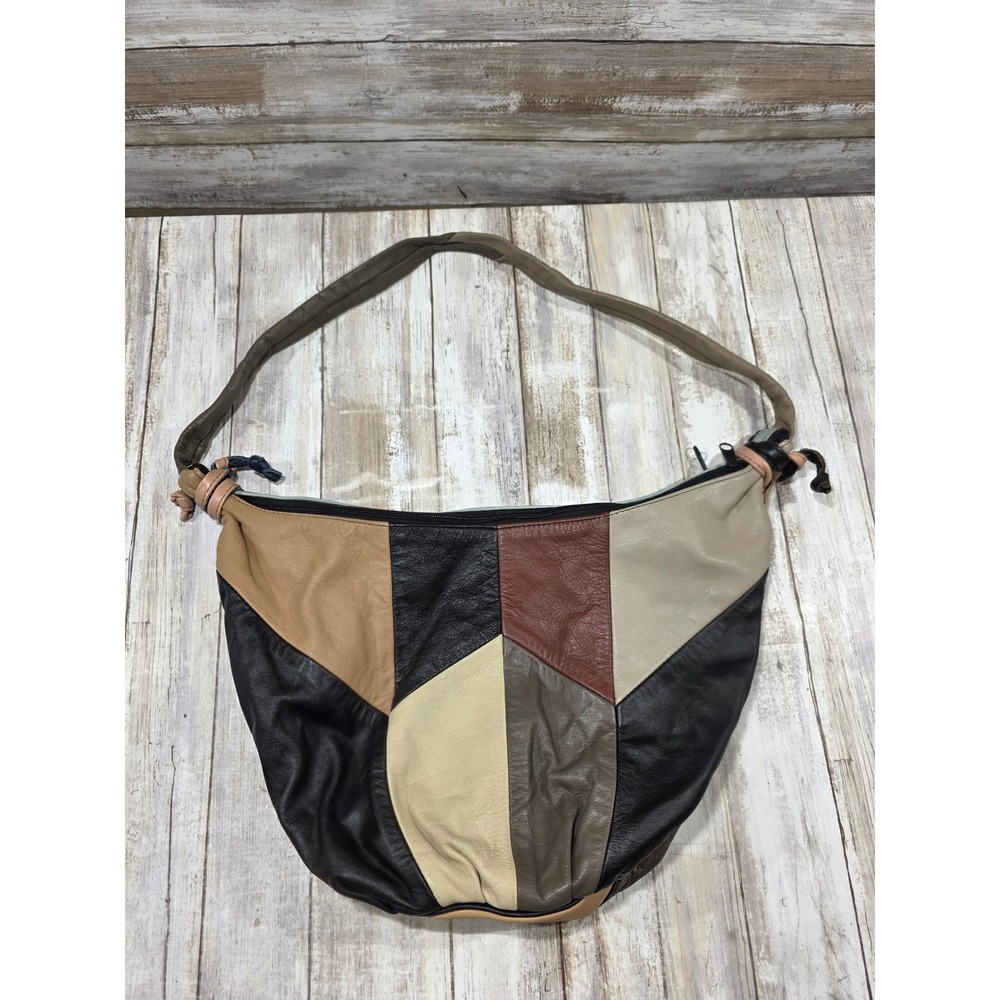 Carroll Leather‎ Goods Patchwork Top Grain Leather Hobo Shoulder Bag Earth Tones